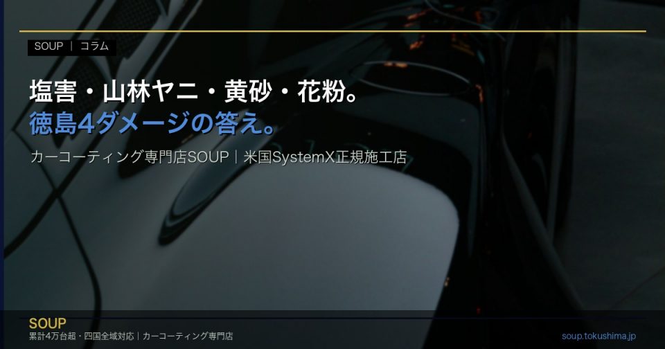 徳島の塩害・山林ヤニ・黄砂・花粉という4つの地域ダメージに対応するカーコーティング専門店SOUPのアイキャッチ