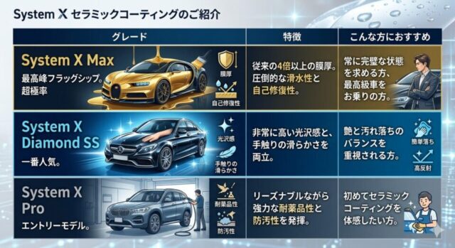徳島県三好市のカーコーティング専門店SOUPが紹介する「System X」セラミックコーティングのグレード比較表。