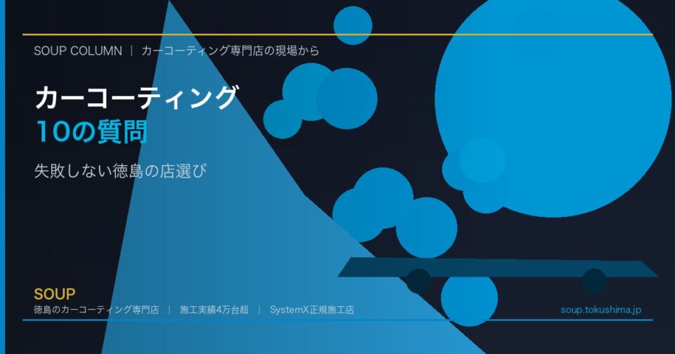 Dark blue promotional banner with blue geometric shapes; headline reads 'カーコーティング 10の質問' and subtitle '失敗しない徳島の店選び'