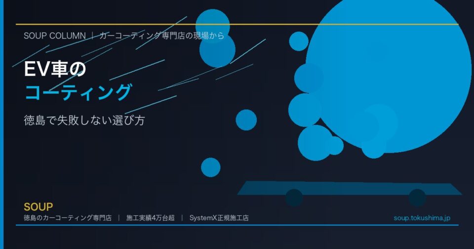 Dark blue promotional banner for EV car coating with blue circular shapes; large Japanese title 'EV車のコーティング' and subtitle '徳島で失敗しない選び方'