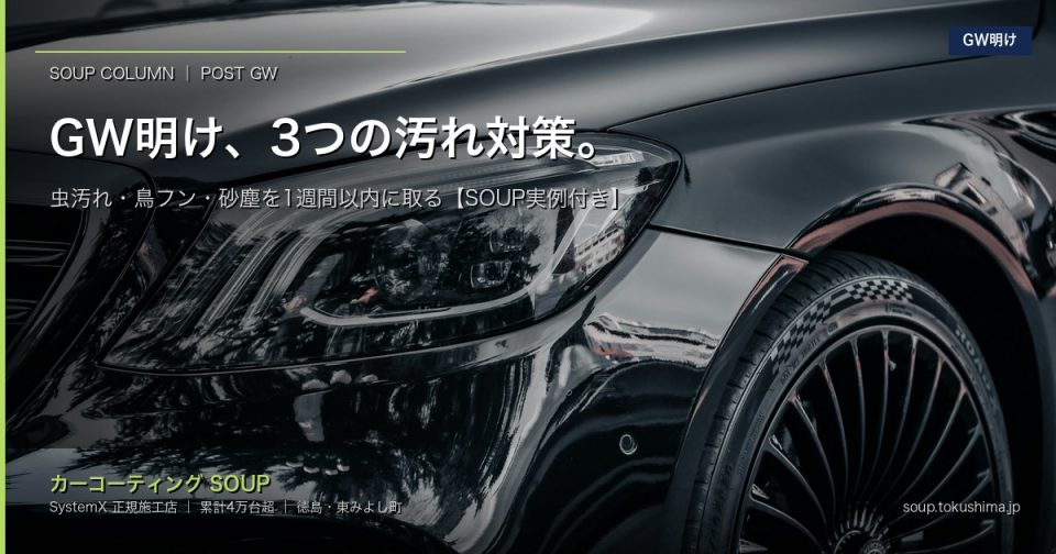 GW明け 虫汚れ 鳥フン 砂塵 対策 SOUP