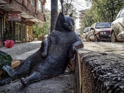 Life-size black cat statue lounging on a curb along a city street with parked cars and storefronts in the background.