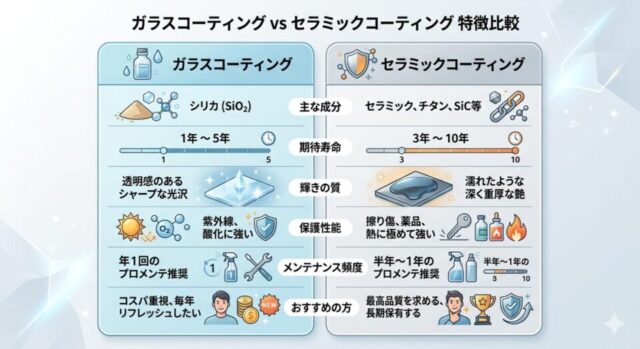 徳島県三好市のカーコーティング専門店SOUPによるガラスコーティングとセラミックコーティングの比較表。成分、寿命（1〜5年vs3〜10年）、光沢の質、保護性能、メンテナンス頻度の違いを解説。