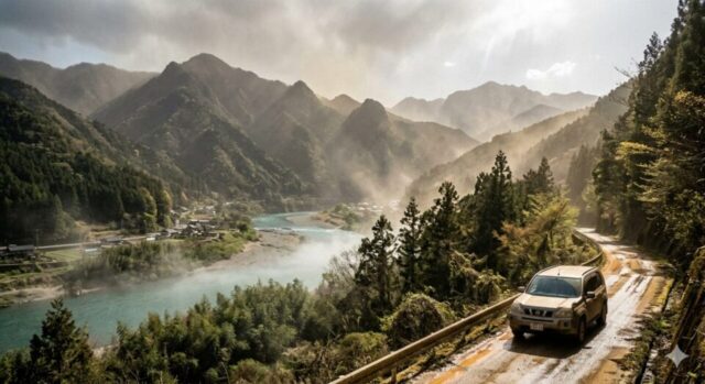 黄砂や砂埃が舞い、強い日差しと川霧が共存する徳島県三好市の山間部。厳しい自然環境の中を走る車と吉野川の風景。