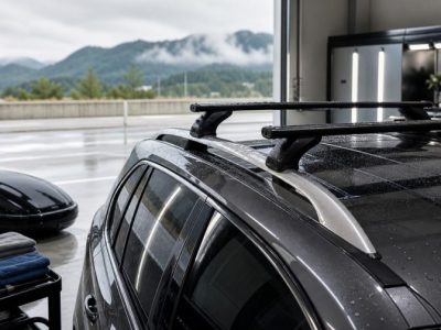 施工ブース内のSUVルーフキャリアと水滴。徳島でルーフボックス装着車の上面を丁寧に洗車・コーティング確認するイメージ