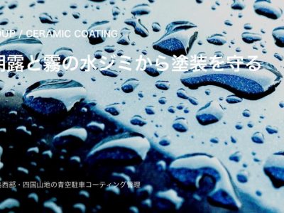 朝露と霧でできる水ジミを防ぐ|徳島西部四国山地の青空駐車コーティング管理 アイキャッチ - 徳島のガラスコーティング・セラミックコーティング専門店 スープ 朝露の水滴が残る車のボディと徳島西部の山あいを重ねたSOUPコーティング管理のアイキャッチ