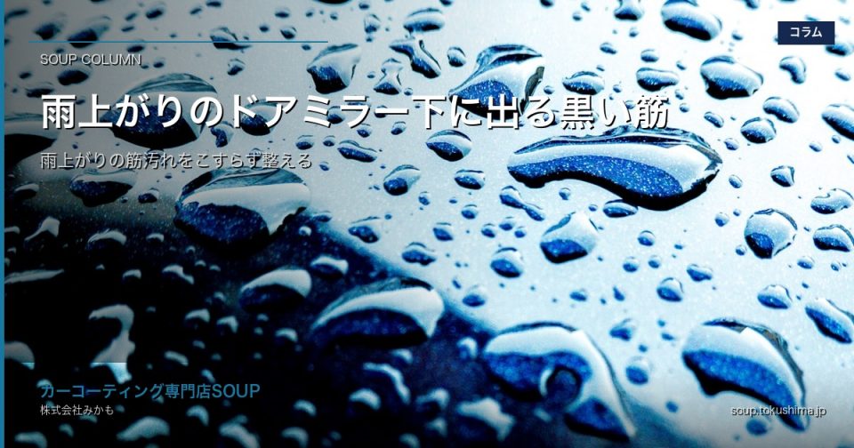 雨上がりの黒い車のドアミラー下に残る水筋を柔らかいクロスで確認するコーティング車ケアイメージ