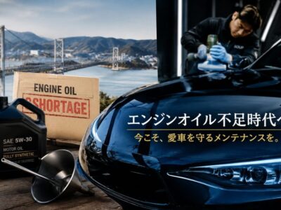 ca6cb3ddc33a4f7b8907e4d5ecd6ae01d9e4dfddcefceaeefe7063586eb05b51 - 徳島のガラスコーティング・セラミックコーティング専門店 スープ Promotional banner showing a black car being serviced with an oil bottle, funnel, and a cardboard box labeled 'ENGINE OIL SHORTAGE' beside it; Japanese headline about engine oil upkeep.