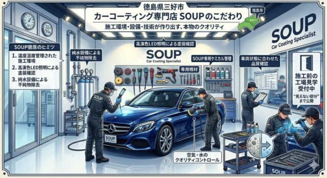 徳島県三好市のカーコーティング専門店SOUPの施工環境と品質管理体制。高演色LED、純水設備、温度湿度管理を完備した工場での施工と、見学受付中