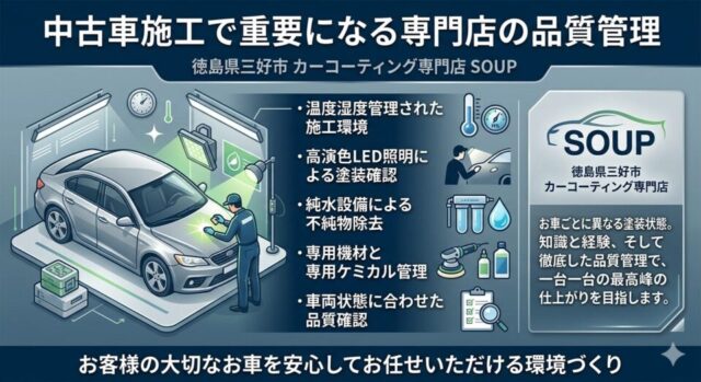 徳島県三好市のカーコーティング専門店SOUPによる、中古車施工における品質管理の紹介画像。温度・湿度管理された施工環境、高演色LED照明、純水設備、専用機材の使用、車両ごとの徹底した品質確認といった、高品質な仕上がりのための5つのこだわりが図解で示されている。
