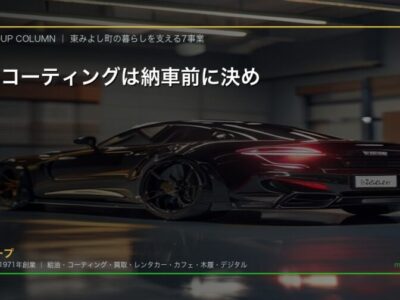 Sleek black sports car in a workshop with a glossy finish; overlay text promotes coating before delivery.