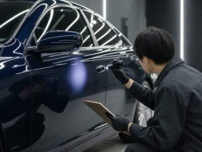 Auto detailer polishing a dark blue car with a handheld buffer, clipboard in hand.