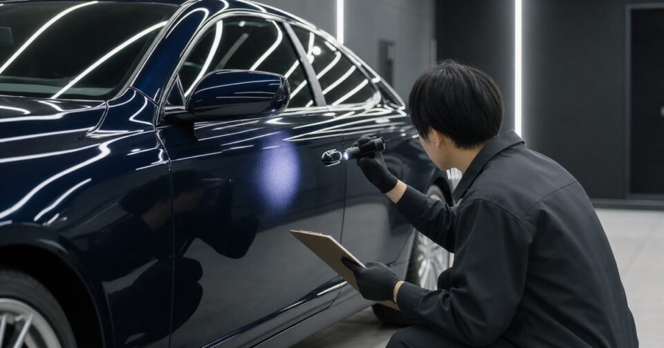 Auto detailer polishing a dark blue car with a handheld buffer, clipboard in hand.