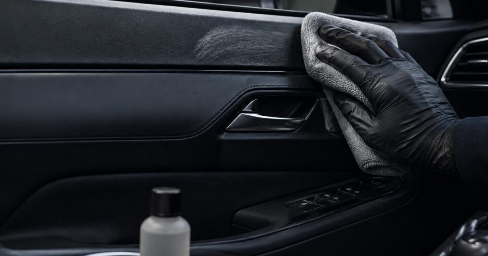 Person wearing a black glove wipes the car door panel with a gray cloth, cleaning the interior near the window controls and handle.