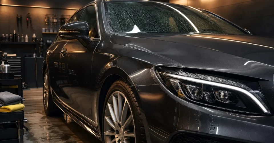 新車のボディ、窓、ホイール、樹脂部品、保護フィルムの施工対象を示した編集イメージ